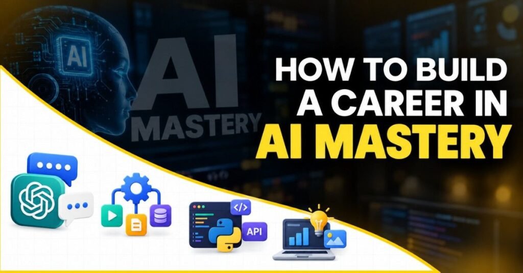 AI Mastery Career Guide showing AI basics, prompting, tools, automation, projects and career preparation. | FLM | FrontlinesEduTech |