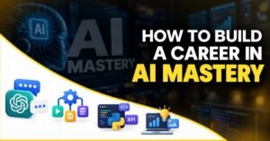AI Mastery Career Guide showing AI basics, prompting, tools, automation, projects and career preparation. | FLM | FrontlinesEduTech |