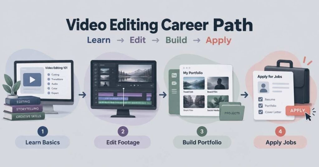 How to Become a Video Editor career path from learning skills to building a portfolio and applying for jobs. | FLM | FrontlinesEduTech |