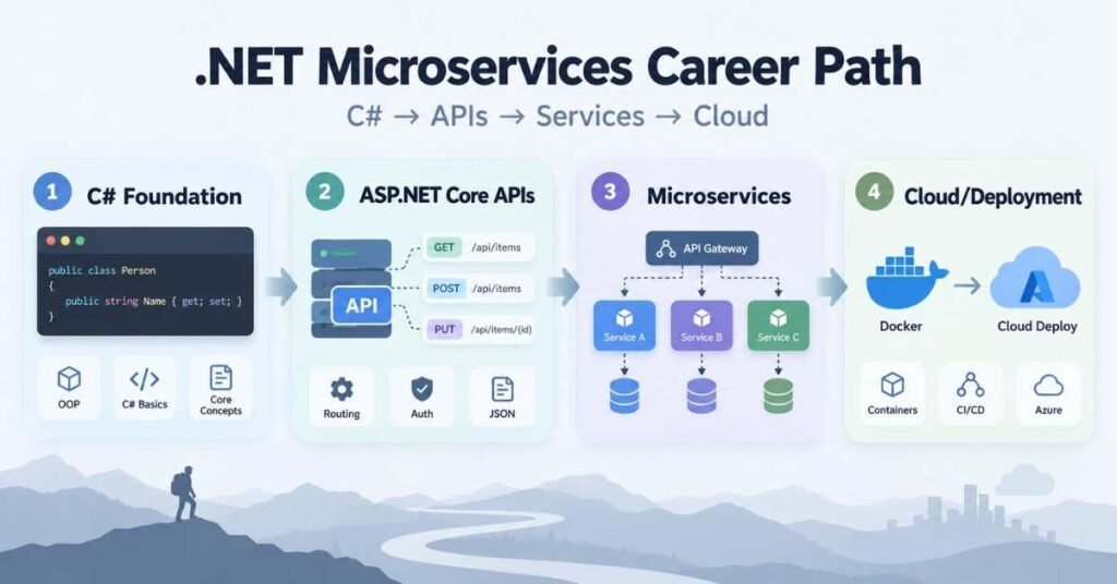 .NET Core Developer with Microservices career path from C# and APIs to services and cloud deployment. | FLM | FrontlinesEduTech |