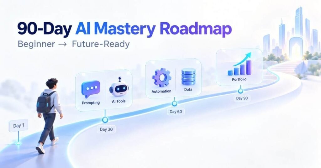 AI Mastery Roadmap showing a beginner moving through a 90-day learning journey. | FLM | FrontlinesEduTech |
