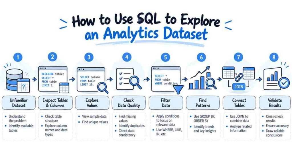 SQL workflow using WHERE, GROUP BY, aggregation and JOINs to discover business data patterns