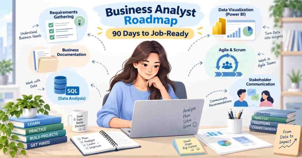 Business Analytics course roadmap showing a 90-day journey from beginner to job-ready analyst. | FLM | FrontlinesEduTech |