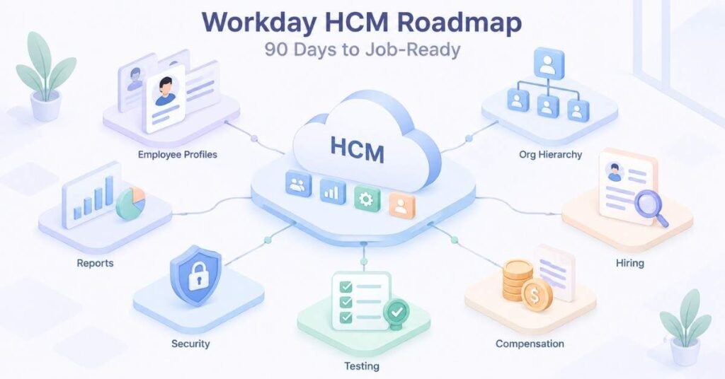 Workday HCM Course roadmap showing a 90-day journey from beginner to job-ready functional skills. | FLM | FrontlinesEduTech |