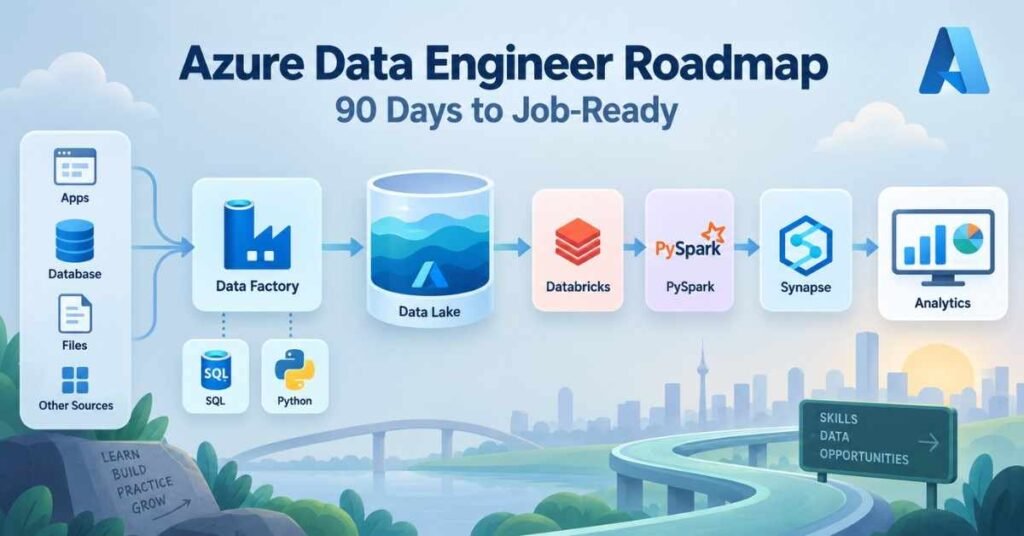 Azure Data Engineer roadmap showing a 90-day path from fundamentals to cloud data pipelines. | FLM | FrontlinesEduTech |
