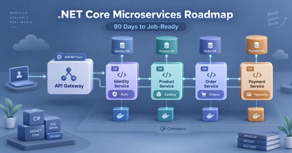 .NET Core with Microservices Roadmap showing backend services, API Gateway, databases and deployment flow. | FLM | FrontlinesEduTech |