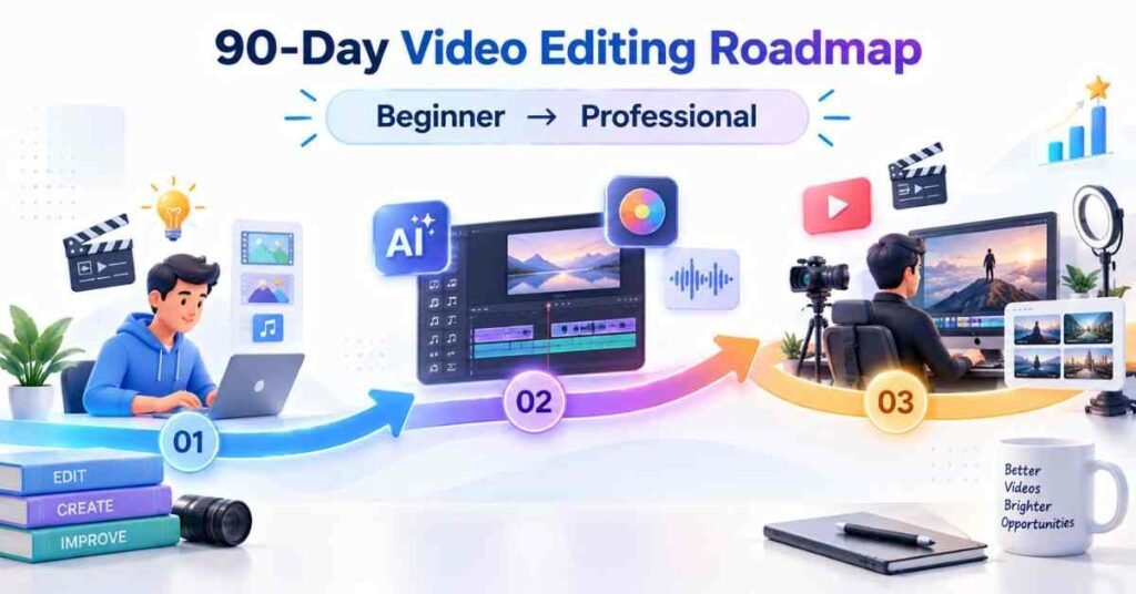 Video editing roadmap showing a 90-day journey from beginner to professional editor. | FLM | FrontlinesEduTech |