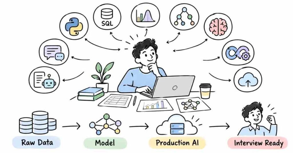 Data Science with AI interview preparation guide covering Python statistics machine learning and MLOps | flm | frontlines edutech
