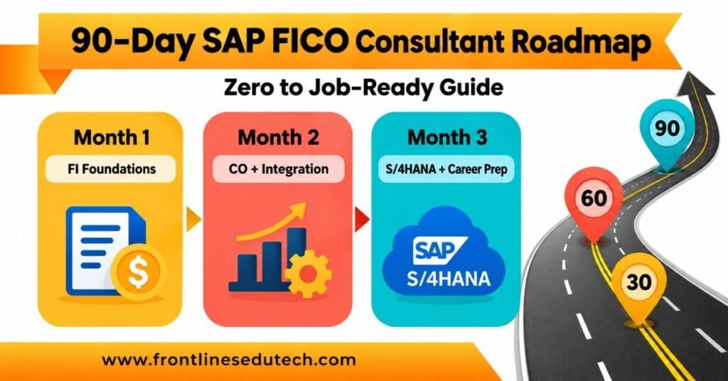 SAP FICO course roadmap showing a 90-day journey through FI, CO, S/4HANA and career preparation. | FLM | FrontlinesEduTech |