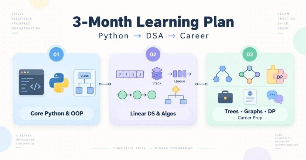 Python With DSA three-month roadmap covering Python concepts, algorithms and career skills. | FLM | FrontlinesEduTech |