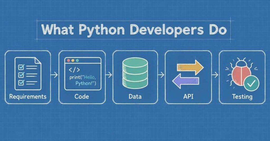 Python Developer with DSA workflow showing coding, databases, APIs, testing and application logic. | FLM | FrontlinesEduTech |