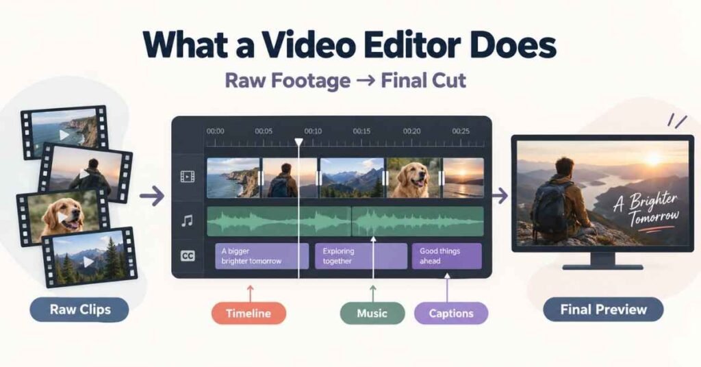 How to Become a Video Editor workflow showing raw footage, timeline editing and final video output. | FLM | FrontlinesEduTech |