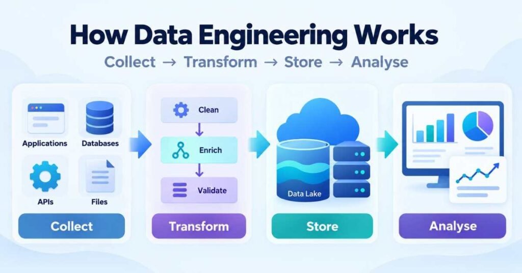 Azure Data Engineer workflow showing data collection, transformation, storage and analytics. | FLM | FrontlinesEduTech |