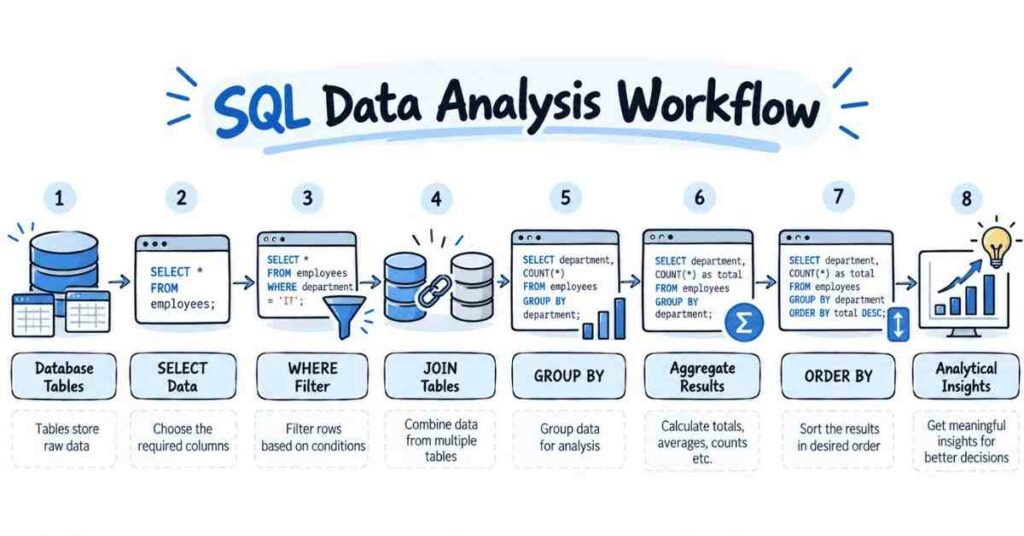 SQL data analysis workflow showing filtering, joins, aggregation, sorting, and business insights