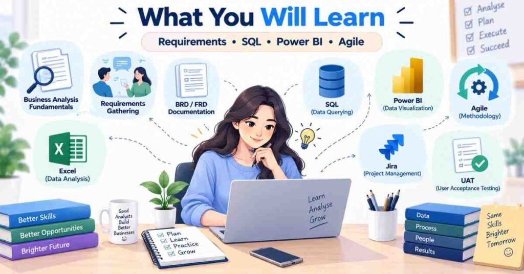 Business Analytics course roadmap covering requirements, SQL, Power BI, Agile and UAT skills. | FLM | FrontlinesEduTech |