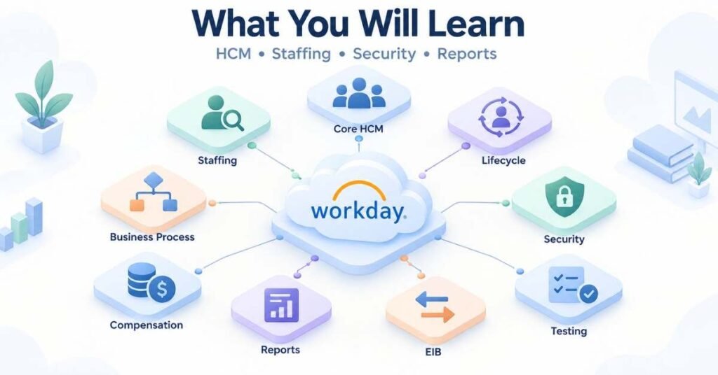 Workday HCM Course roadmap covering staffing, security, reporting, EIB and employee processes. | FLM | FrontlinesEduTech |