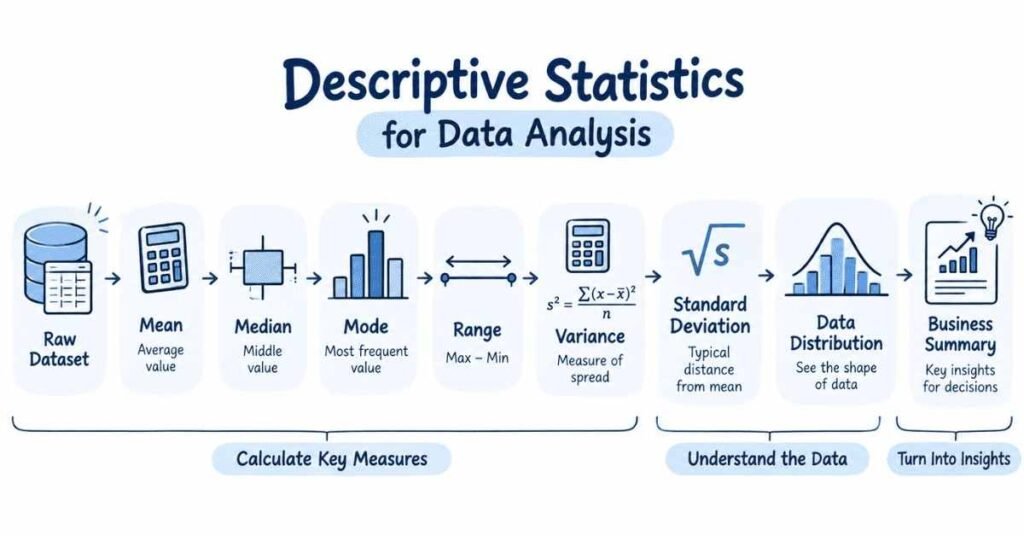 Descriptive statistics workflow showing mean, median, mode, range, variance, standard deviation, and data distribution