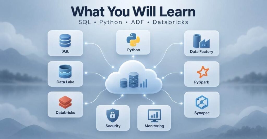 Azure Data Engineer learning overview with SQL, Python, Data Factory, Databricks and Synapse. | FLM | FrontlinesEduTech |