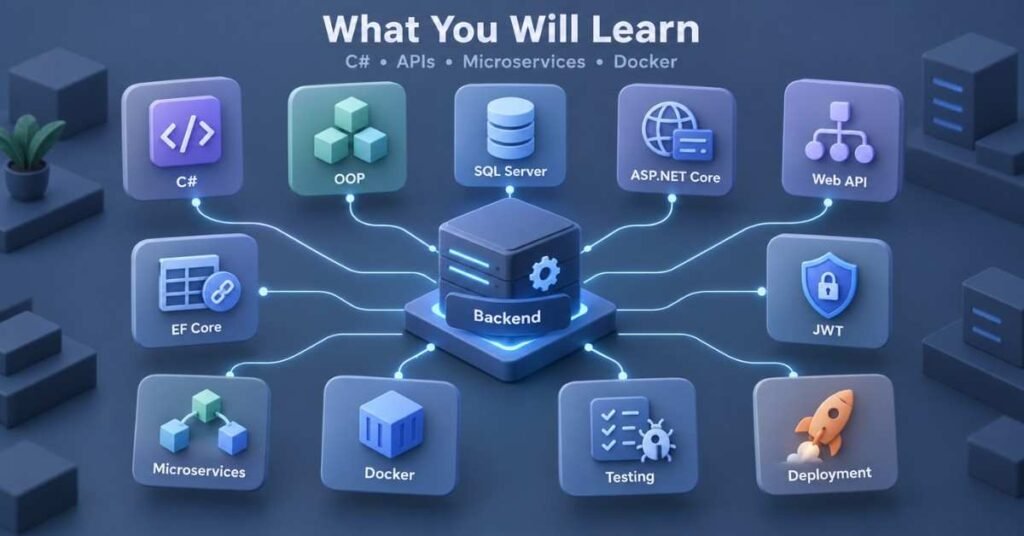 .NET Core with Microservices Roadmap covering C#, ASP.NET Core, Web API, Docker and testing concepts. | FLM | FrontlinesEduTech |