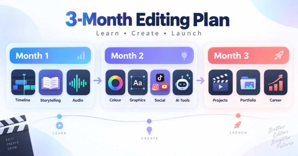 Video editing roadmap with a three-month plan covering foundations, AI tools and career preparation. | FLM | FrontlinesEduTech |