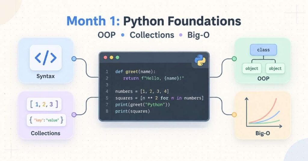 Python With DSA foundations covering OOP, collections, syntax and Big-O complexity. | FLM | FrontlinesEduTech |