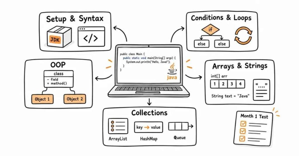 Month 1 Java foundations including OOP arrays strings and Collections | frontlines edutech | flm