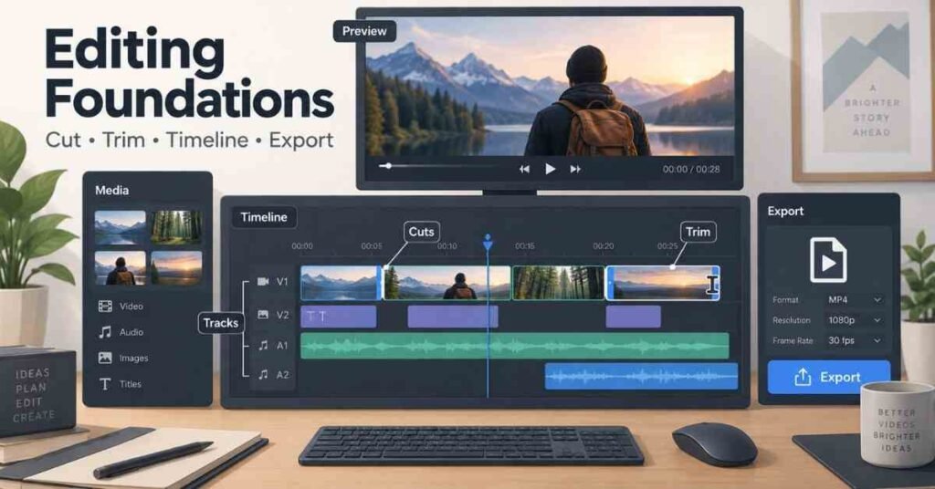 How to Become a Video Editor visual showing cutting, trimming, timeline editing and export basics. | FLM | FrontlinesEduTech |