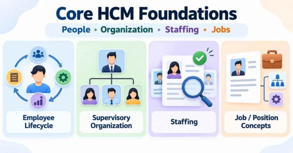 Workday HCM Consultant foundation visual covering employee lifecycle, organisation, staffing and job concepts. | FLM | FrontlinesEduTech |