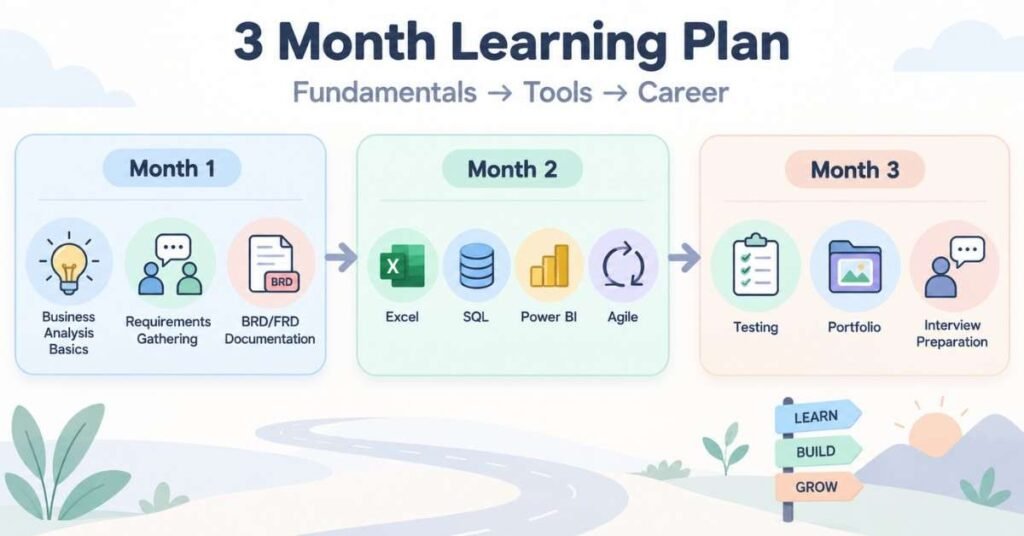 Business Analytics course roadmap with three-month learning stages from fundamentals to career preparation. | FLM | FrontlinesEduTech |