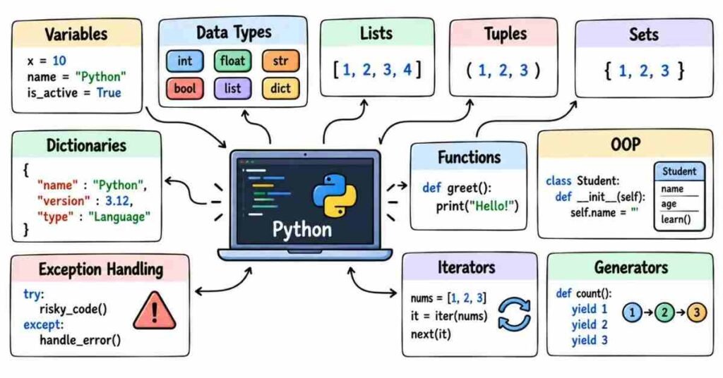 Python fundamentals including data types functions OOP and generators | flm | frontlines edutech