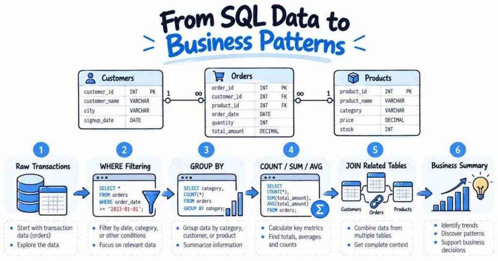 SQL dataset exploration showing customers, orders, products, columns, IDs, and sample records
