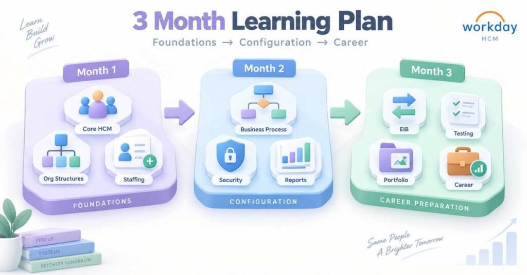 Workday HCM Course roadmap with a three-month path from foundations to configuration and career preparation. | FLM | FrontlinesEduTech |