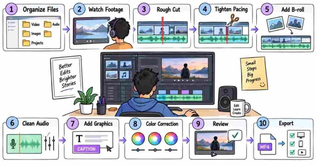 Adobe Premiere Pro video editing workflow from rough cut to export | flm | frontlines edutech
