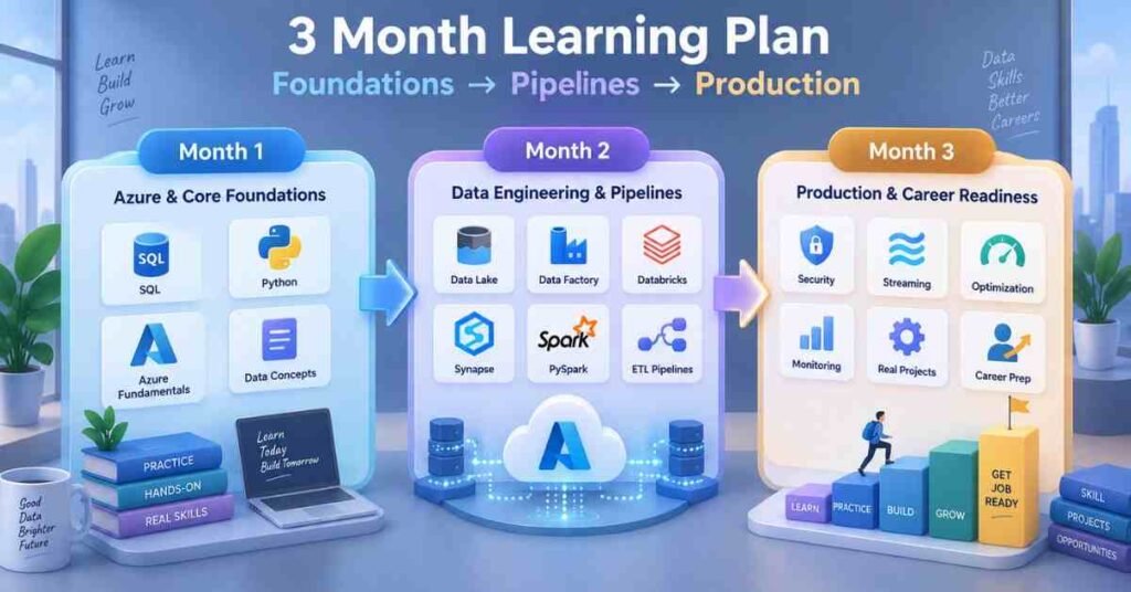 Azure Data Engineer three-month learning plan from foundations to production skills. | FLM | FrontlinesEduTech |
