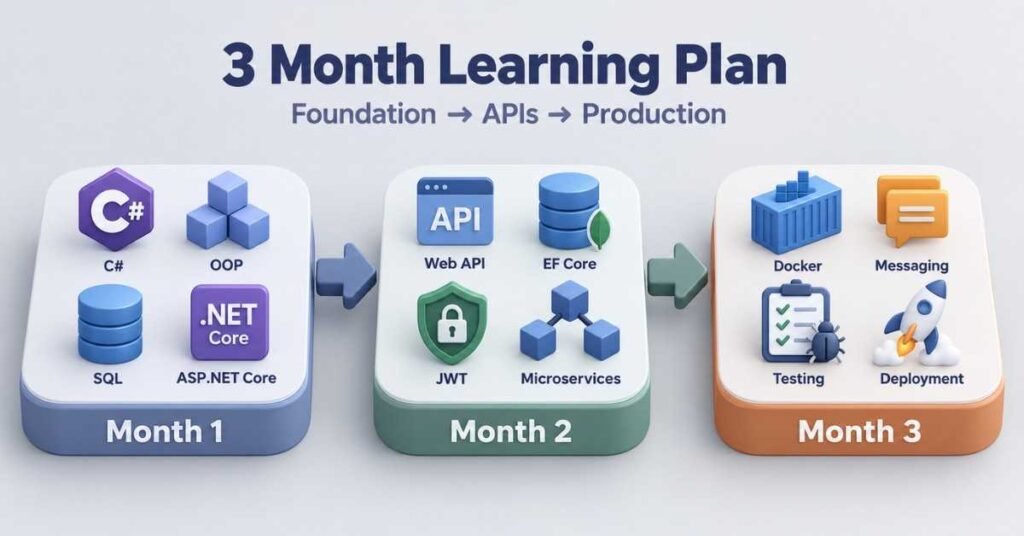 .NET Core with Microservices Roadmap with a three-month plan from C# foundations to production-ready services. | FLM | FrontlinesEduTech |
