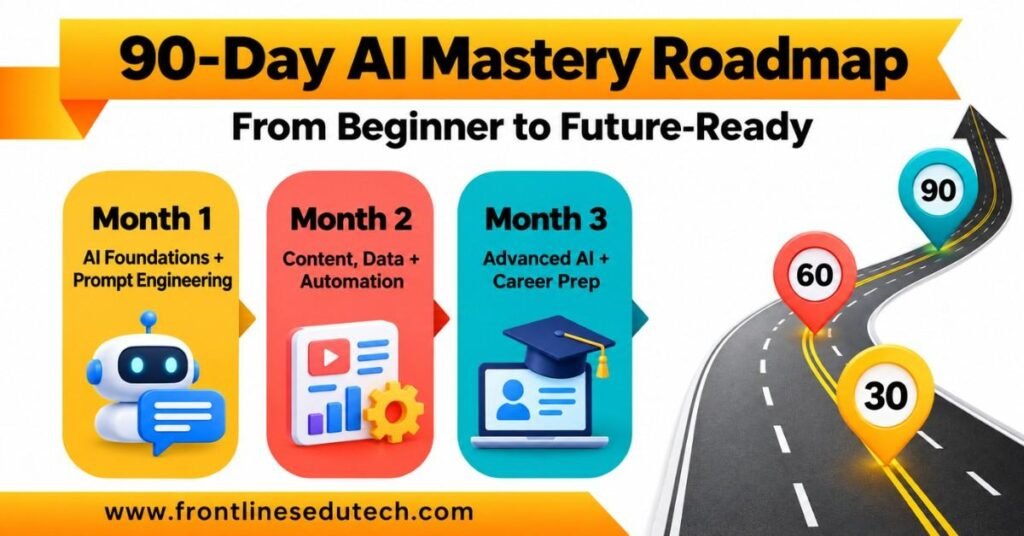 AI Mastery Roadmap showing a 90-day journey through AI basics, prompting, automation and portfolio projects. | FLM | FrontlinesEduTech |