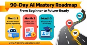 AI Mastery Roadmap showing a 90-day journey through AI basics, prompting, automation and portfolio projects. | FLM | FrontlinesEduTech |
