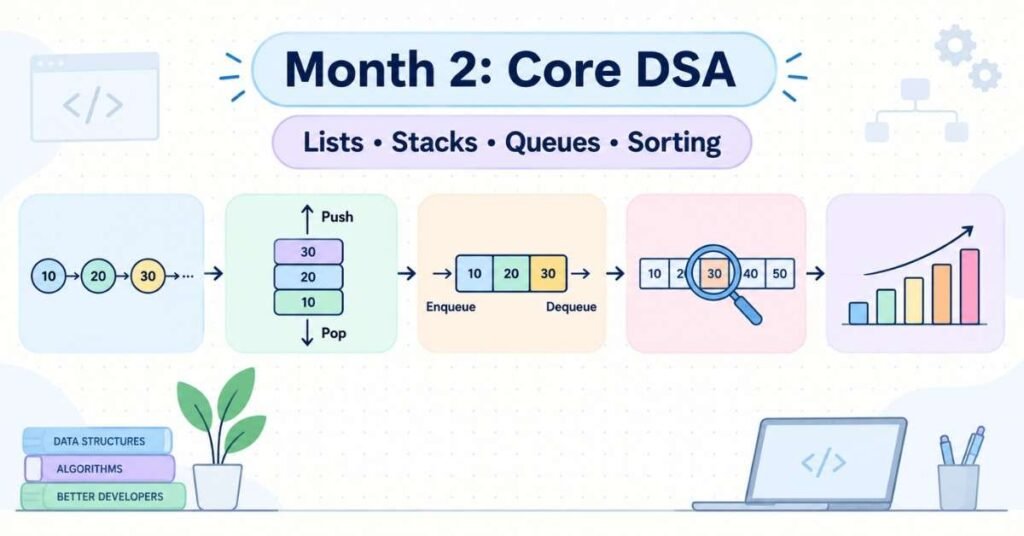 Python With DSA visual showing linked lists, stacks, queues, searching and sorting concepts. | FLM | FrontlinesEduTech |