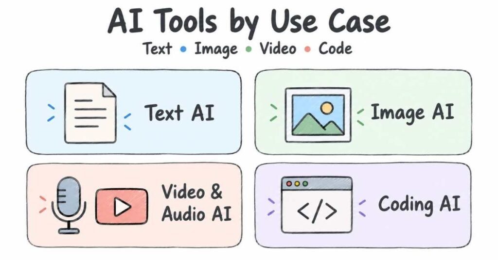 AI Mastery Career Guide visual showing text, image, video and code tool categories. | FLM | FrontlinesEduTech |