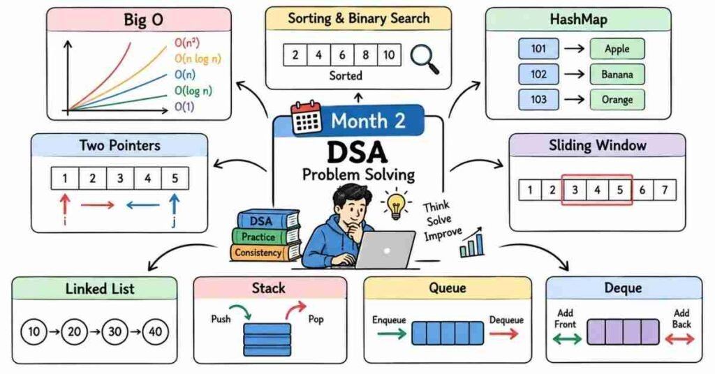 Month 2 Java DSA roadmap covering complexity hashing and linear data structures | frontlines edutech | flm