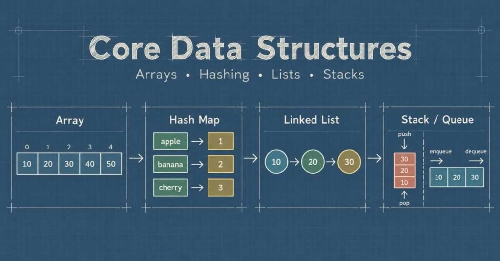 Python Developer with DSA visual showing arrays, hashing, linked lists, stacks and queues. | FLM | FrontlinesEduTech |