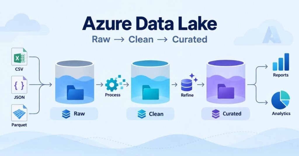 Azure Data Engineer Data Lake visual showing raw, clean and curated data layers. | FLM | FrontlinesEduTech |