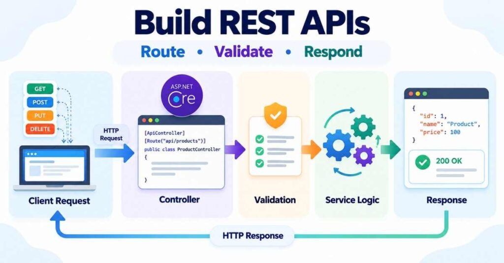 .NET Core Developer with Microservices API workflow showing routing, validation and response handling. | FLM | FrontlinesEduTech |