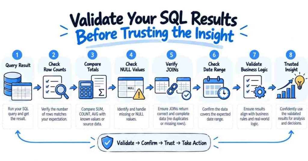 SQL result validation checklist for row counts, totals, NULL values, JOINs, date ranges, and business logic
