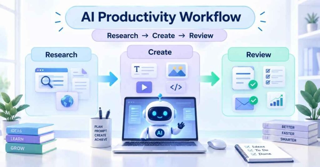AI Mastery Roadmap illustration for research, writing, presentations and task productivity. | FLM | FrontlinesEduTech |