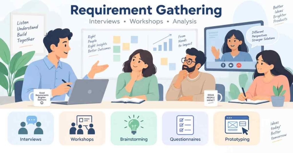 Business Analytics course roadmap visual showing interviews, workshops and requirement gathering methods. | FLM | FrontlinesEduTech |