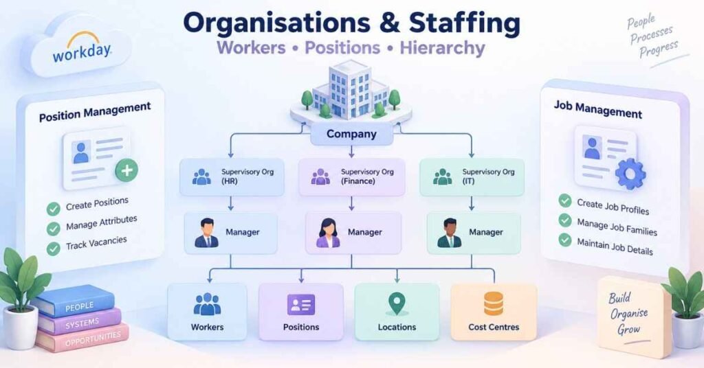 Workday HCM Course roadmap visual showing workers, positions and supervisory organisation hierarchy. | FLM | FrontlinesEduTech |
