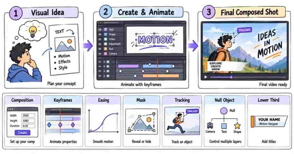 After Effects motion graphics animation keyframes and tracking workflow | flm | frontlines edutech