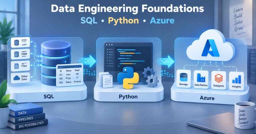 Azure Data Engineer foundations visual covering SQL, Python and Azure fundamentals. | FLM | FrontlinesEduTech |