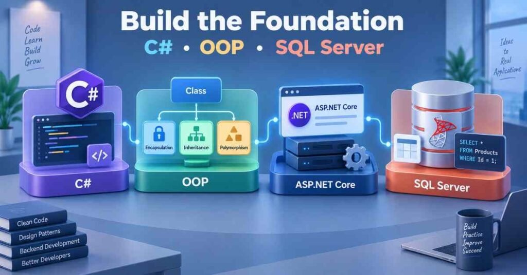 .NET Core with Microservices Roadmap visual covering C#, OOP and SQL Server foundations. | FLM | FrontlinesEduTech |